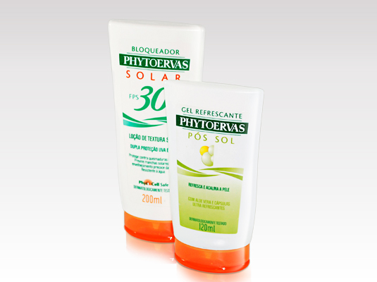 Design de Produto, Embalagem e Cosmtico - Frasnagas linha solar, Bloqueador e Gel Refrescante Phytoervas 